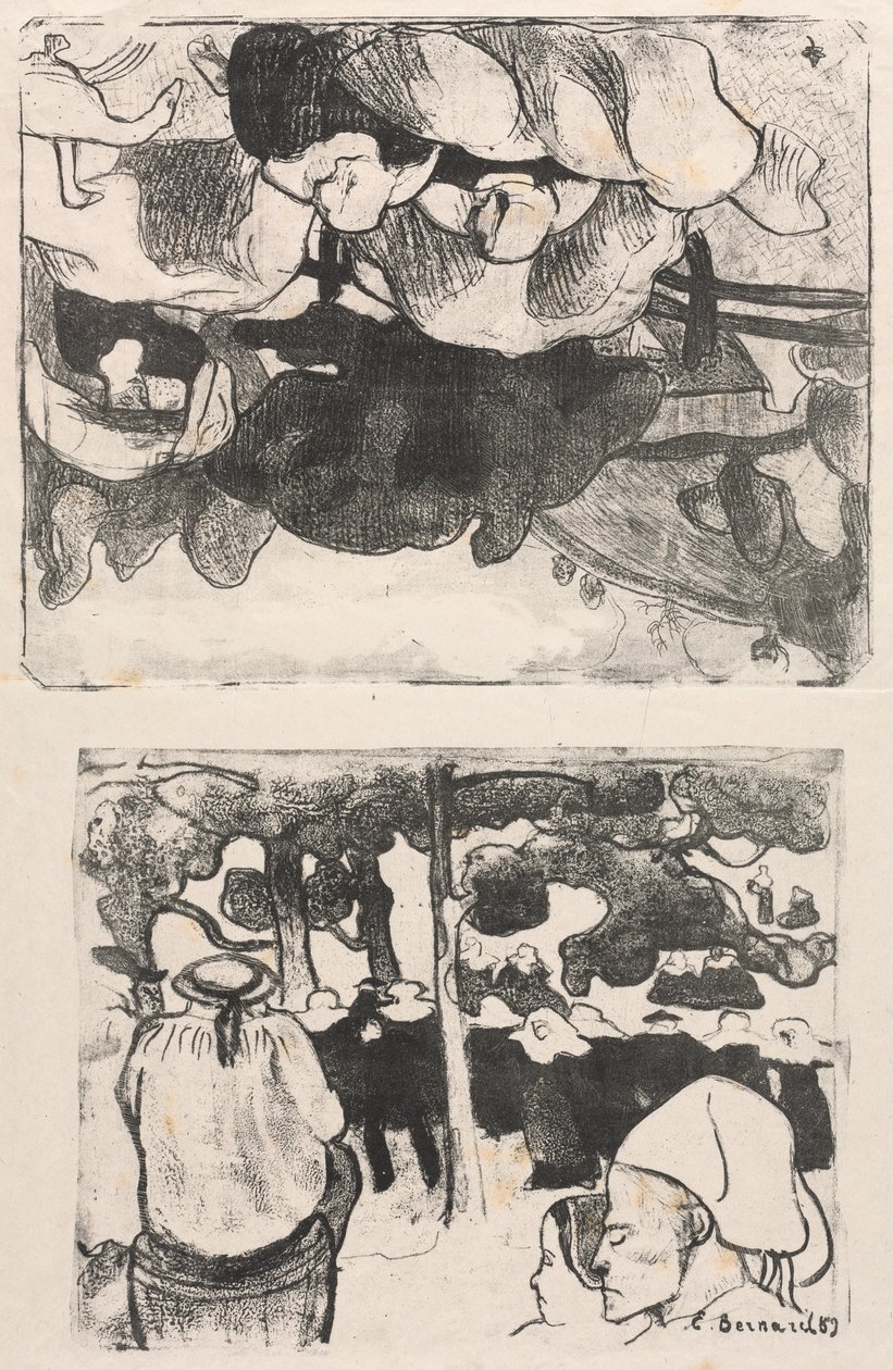 Les Bretonneries: Donne bretoni che fanno i covoni (Bretonnes Faisant les Foins) e Matrimonio in Bretagna (La Noce en Bretange) da Emile Bernard
