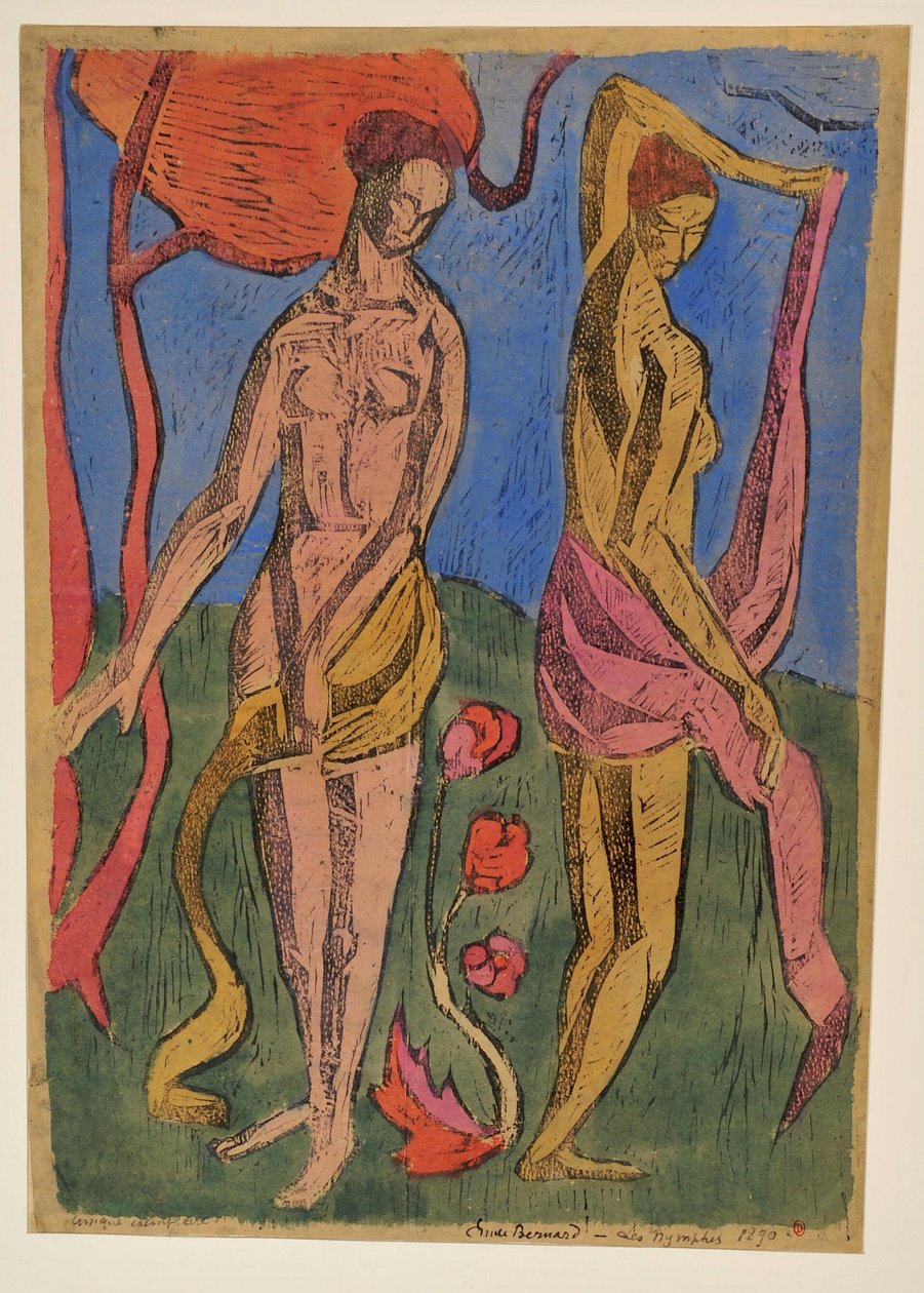 Die Nymphen: Badende mit roten Blumen da Emile Bernard