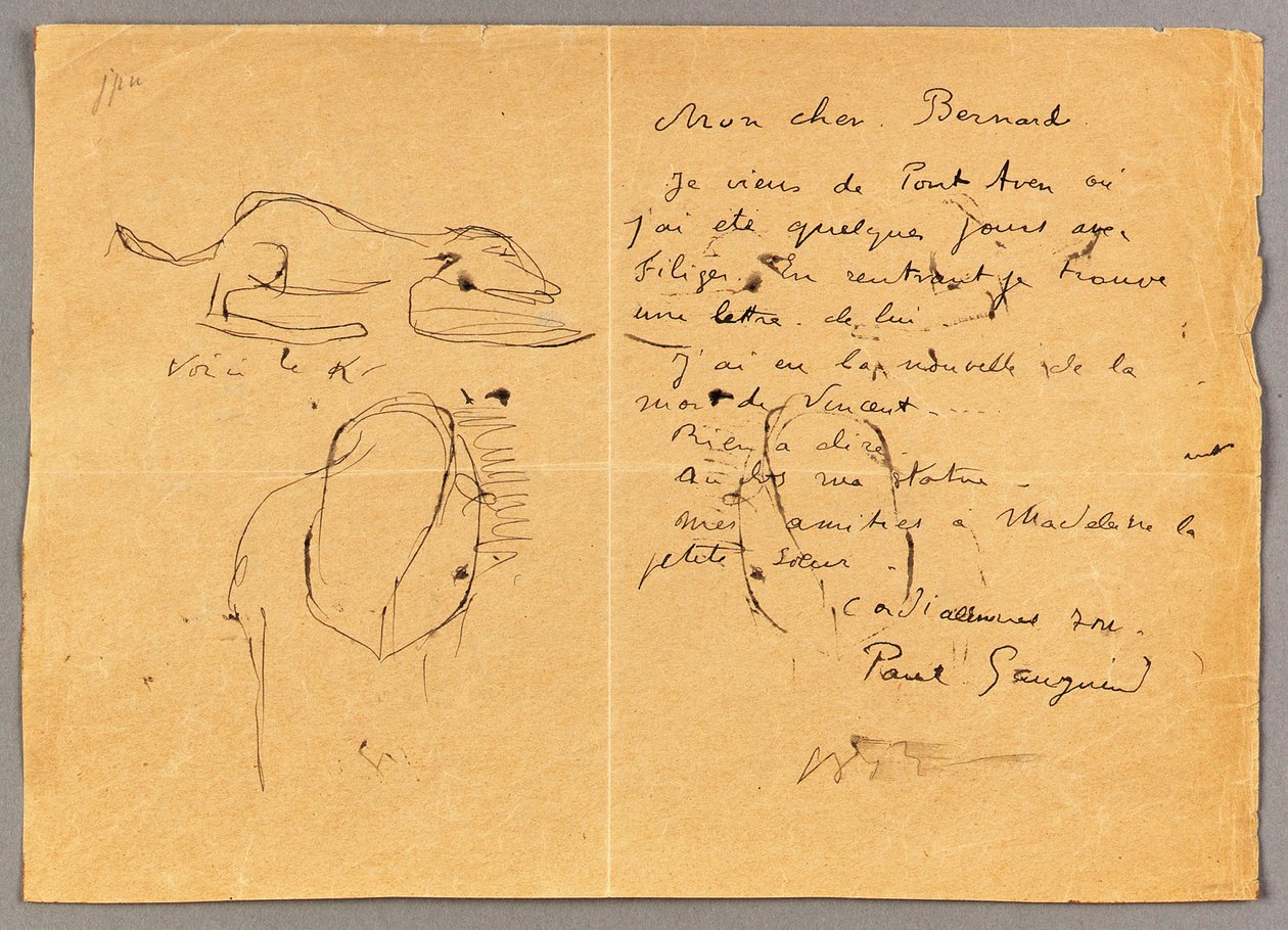 Lettera a Emile Bernard con tre schizzi a inchiostro, notando la morte di "Vincent", Tahiti, 1890 da Emile Bernard