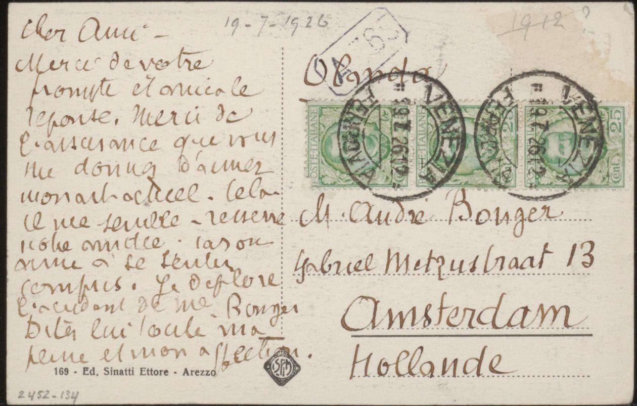 Cartolina postale ad Andries Bonger da Emile Bernard