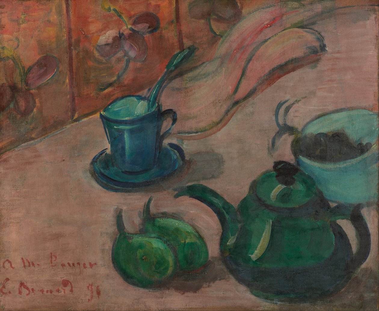 Natura morta con teiera, tazza e frutta da Emile Bernard