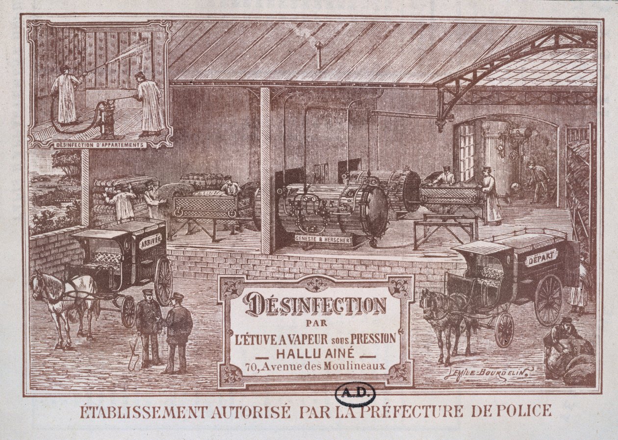 Poster pubblicitario per macchinari per la disinfezione a vapore prodotto da Hallu Aine, fine XIX secolo da Emile Bourdelin