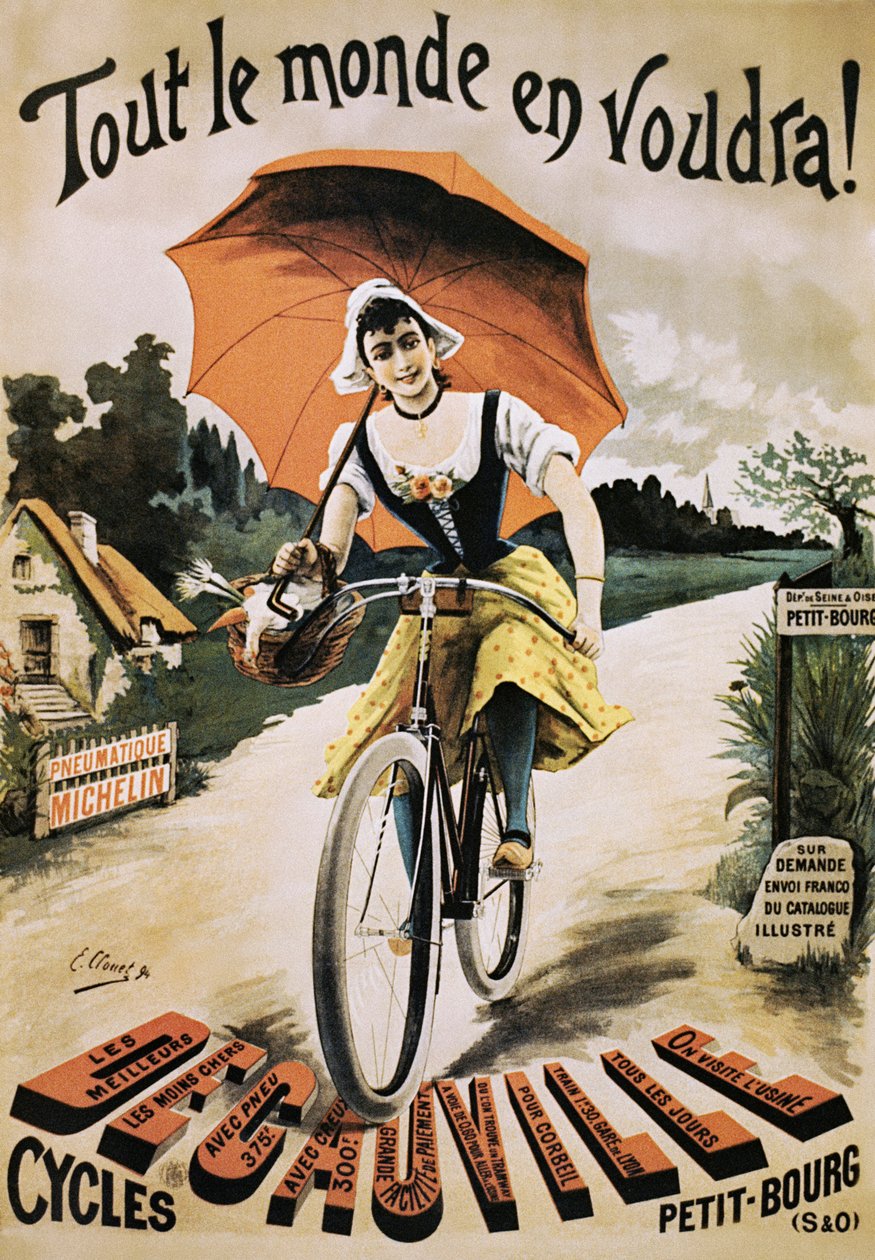 Poster vintage di donna che va in bicicletta con un ombrello rosso da Emile Clouet