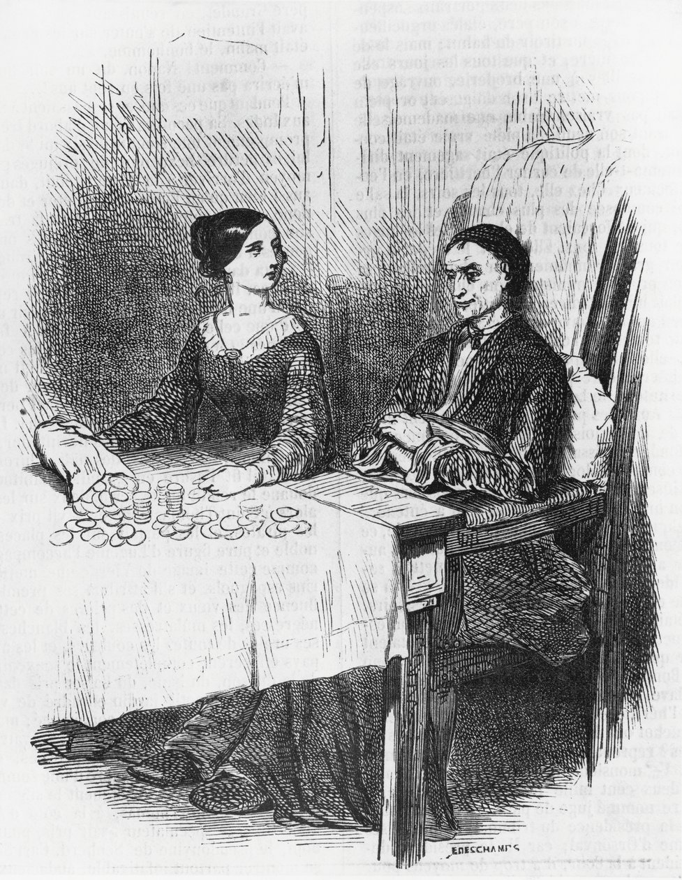 Illustrazione per Eugenie Grandet, romanzo di Honore de Balzac dalla collezione in più volumi intitolata Commedia Umana, incisione di Emile Deschamps da Emile Deschamps