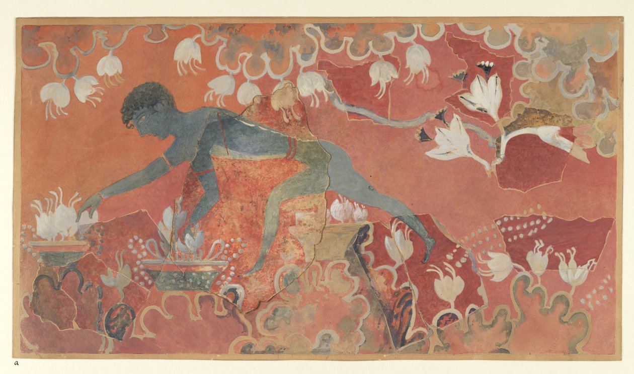 Affresco del Raccoglitore di Zafferano dal Palazzo di Minosse a Cnosso (Disegno di Evans L/3 a)), circa 1921 (carta, pigmento) da Emile Gilliéron