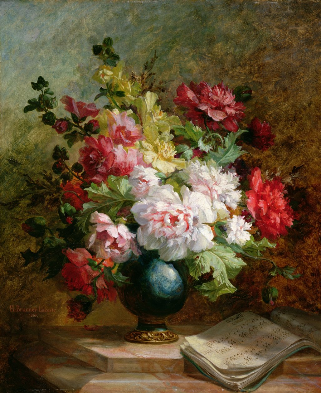 Natura morta con fiori e spartito musicale da Emile Henri Brunner Lacoste