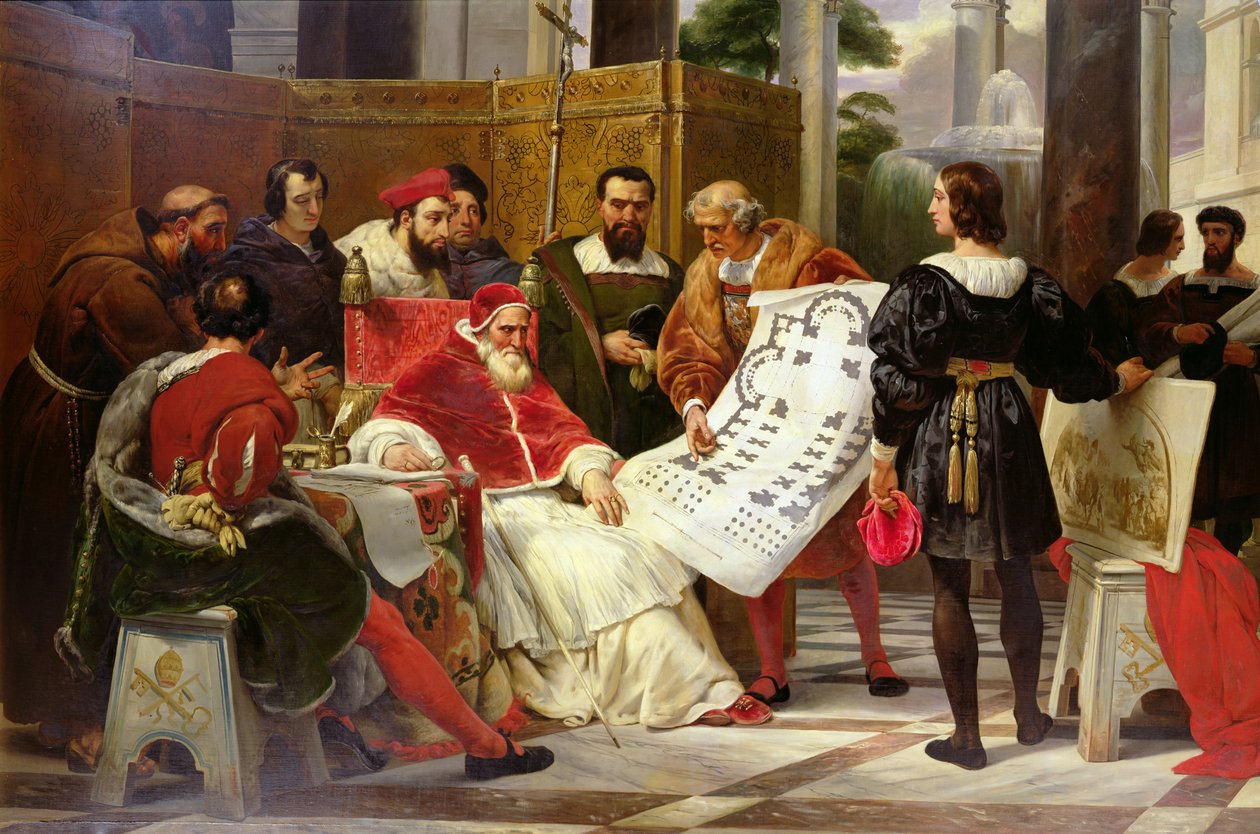 Papa Giulio II ordina a Bramante, Michelangelo e Raffaello di costruire il Vaticano e San Pietro, 1827 (dettaglio) da Emile Jean Horace Vernet