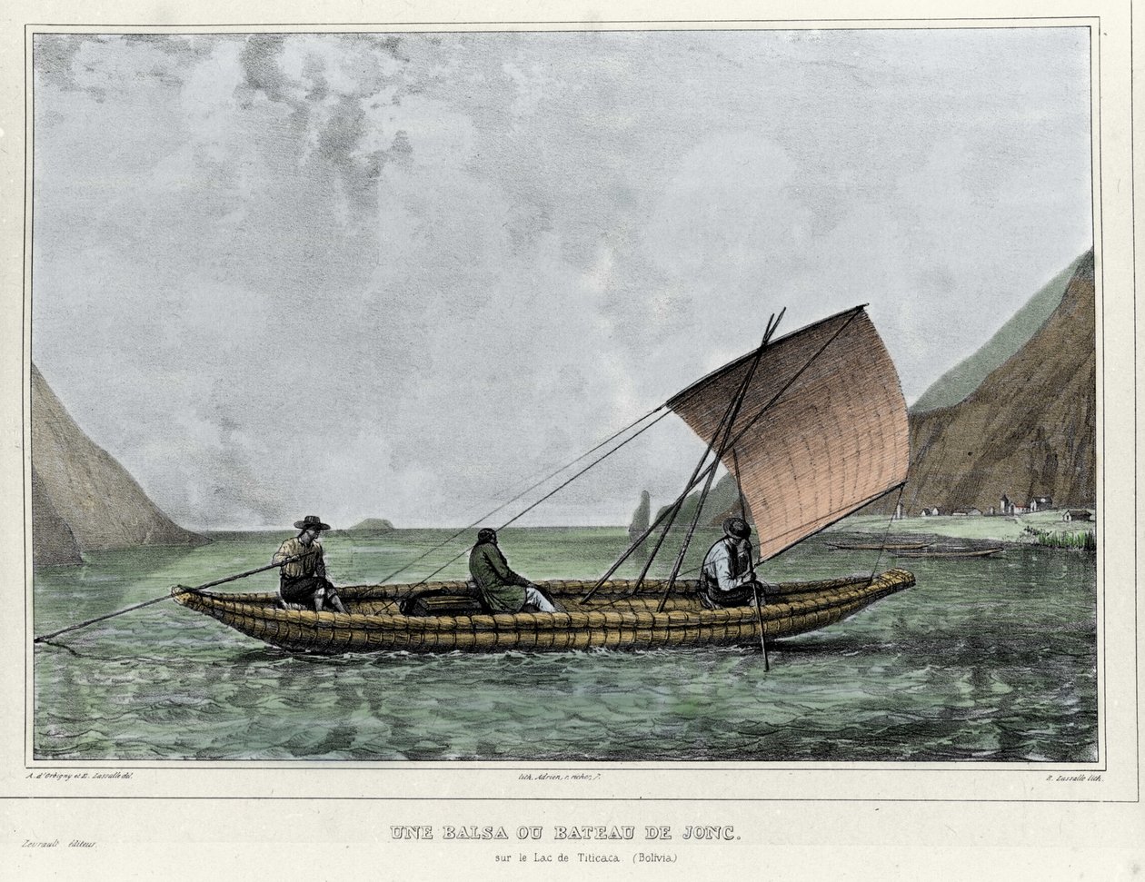 Una balsa o una barca a vela sul Lago Titicaca (Bolivia). Litografia di Emile Lassalle (1813-1871) - in 