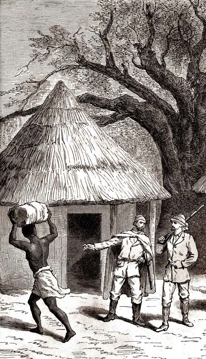 Esploratori e portatori davanti a una capanna africana, 1887 (incisione) da Emile Mas