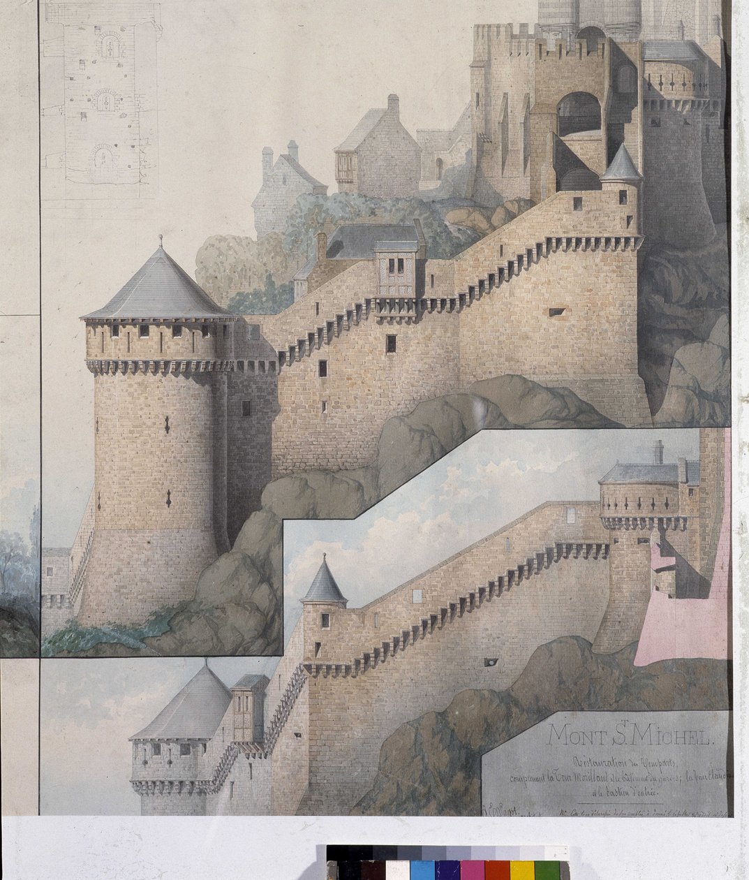 Vista dei machicoulis tra la Torre Nord e la Torre Claudine di Mont Saint Michel. Disegno di Emile Sagot. Museo Municipale di Avranches (Manche) da Emile Sagot