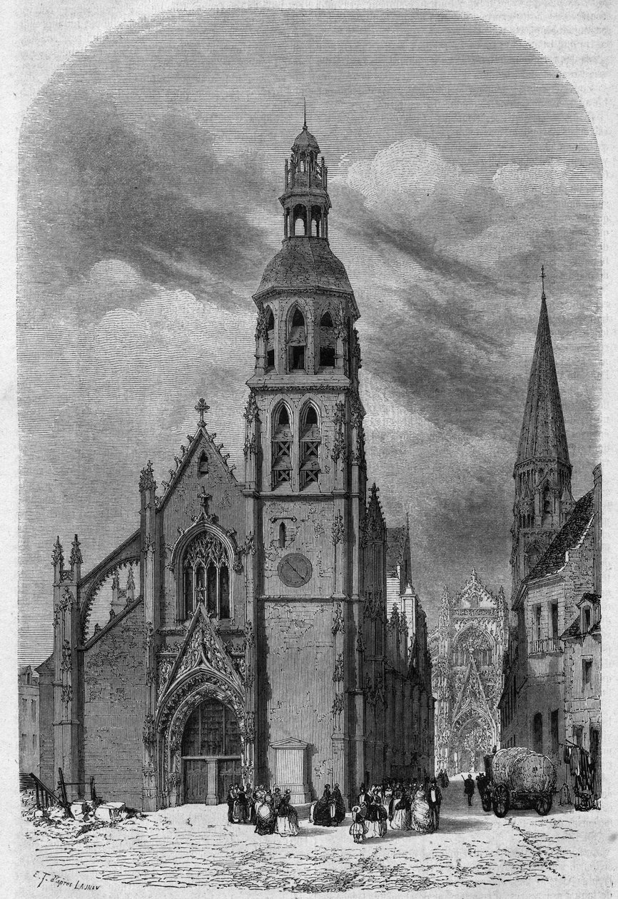 Vista esterna della chiesa di Saint Martin (XV-XVI secolo) di Vendome, Loir e Cher (41), prima della sua demolizione nel 1857. Incisione di Therond in "Le Magasin Pittoresque" da Emile Theodore Therond