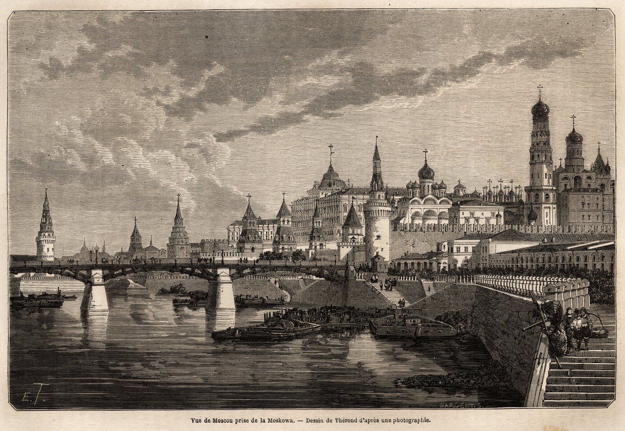 Veduta generale di Mosca, presa dalla Moskowa, disegno di Therond, per illustrare il viaggio da Shanghai a Mosca, dal 1859 al 1862, di M. de Bourboulon, Ministro di Francia in Cina. Incisione in "Le tour du monde", a cura di Edouard Charton da Emile Theodore Therond