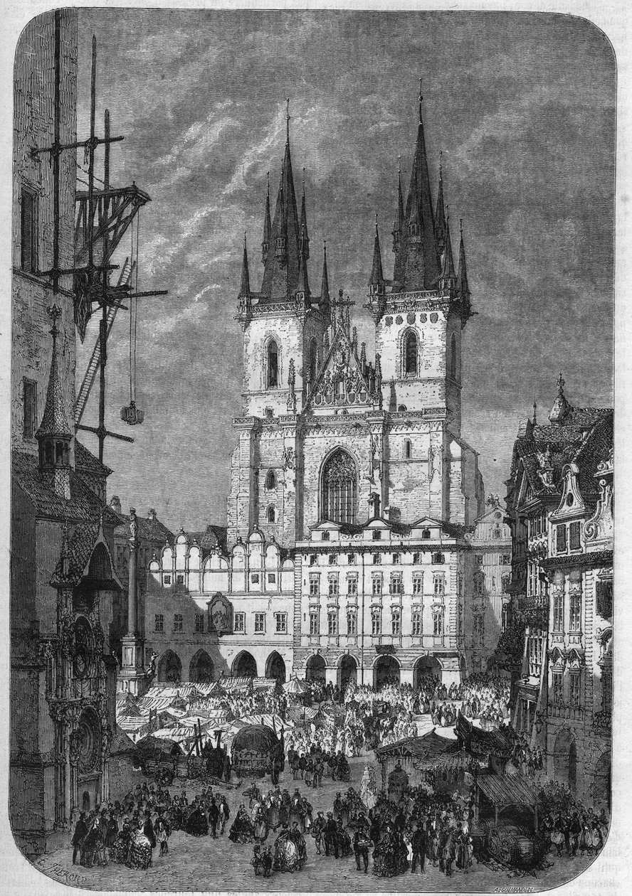 Architettura gotica: vista esterna della Chiesa di Nostra Signora di Týn a Praga. La sua costruzione durò dalla metà del XIV secolo al XVI secolo. Incisione di Therond in 