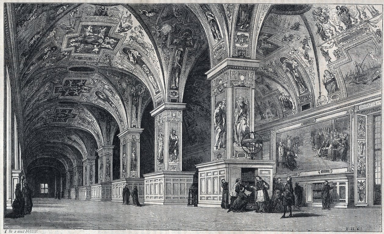 Vista interna della biblioteca Vaticana nel XVIII secolo. Incisione di Therond da un disegno di François Pannini da Emile Theodore Therond