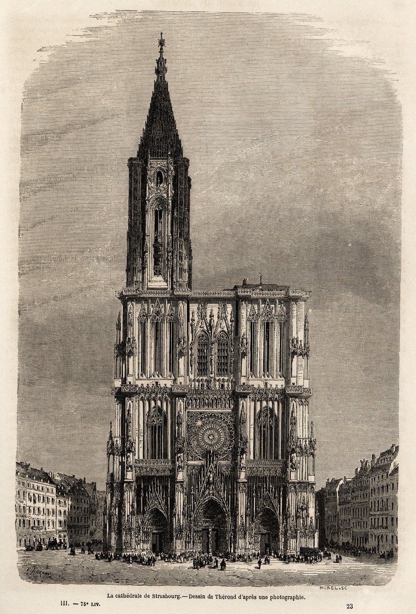 La facciata della cattedrale di Strasburgo. Disegno di Therond per illustrare il viaggio di Victor Duruy da Parigi a Bucarest nel 1860. Incisione in "Le tour du monde" 1861. Collezione Selva da Emile Theodore Therond