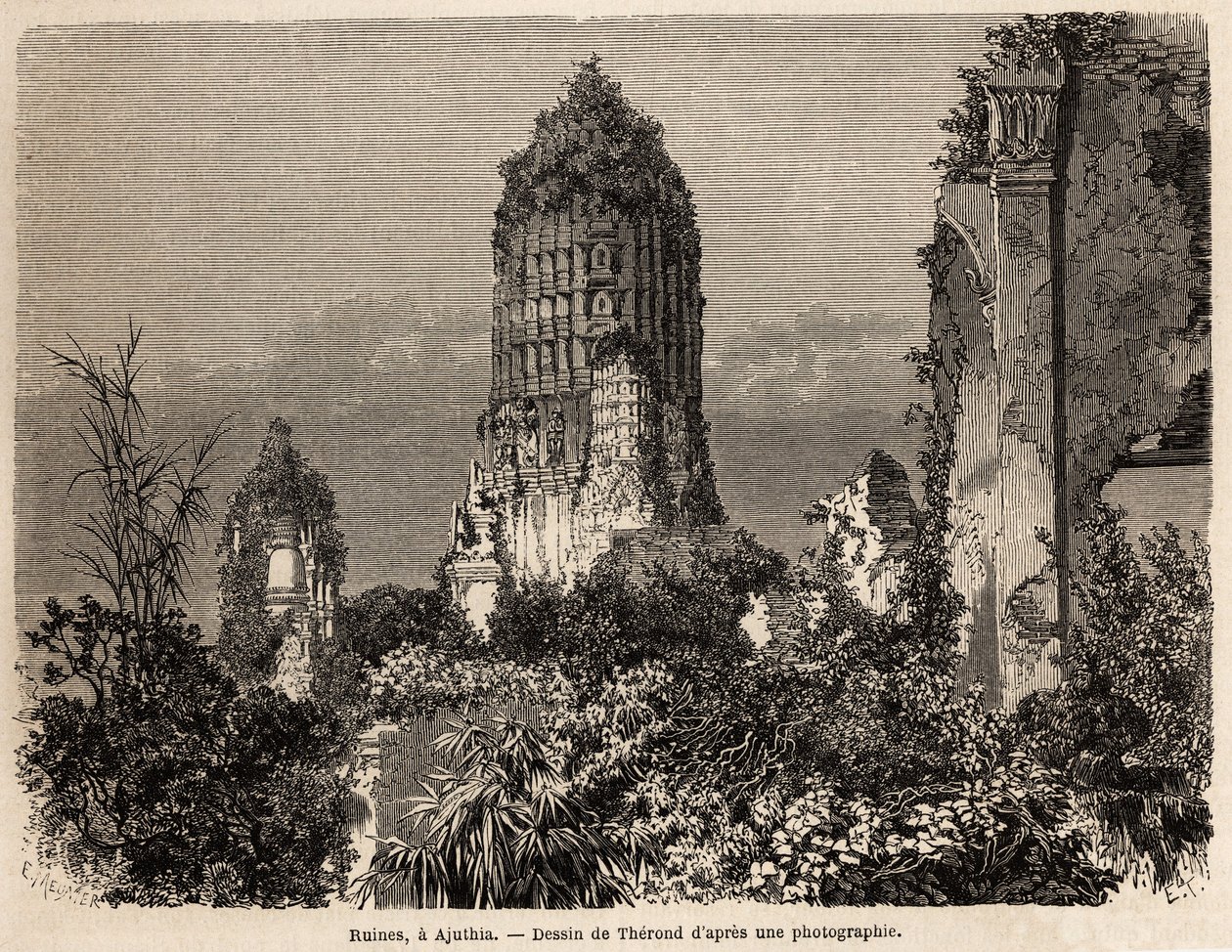 Le rovine prese nella vegetazione della giungla, ad Ajuthia (Thailandia), disegno di Therond, per illustrare il viaggio nei regni di Siam, Cambogia e Laos, dal 1858 al 1861, di Henri Mouhot. Incisione in "Le tour du monde" da Emile Theodore Therond