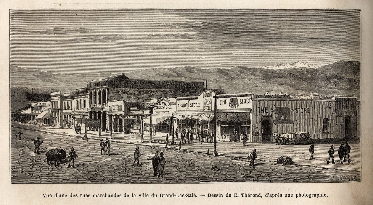 Veduta di una delle strade commerciali della città di Salt Lake City (Utah, USA), incisione per illustrare il viaggio da Washington a San Francisco, 1868, di L. Simonin da Emile Theodore Therond