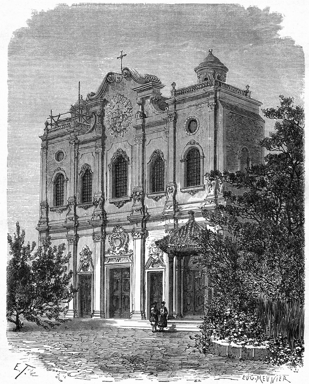 Vista della facciata della cattedrale di Nantang, costruita sul sito della casa di Matteo Ricci (1552-1610), padre del cattolicesimo in Cina. Incisione da un disegno di Therond, in "Le Tour du Monde, Nouveau journal des Voyages", a cura di Edouard Charton da Emile Theodore Therond