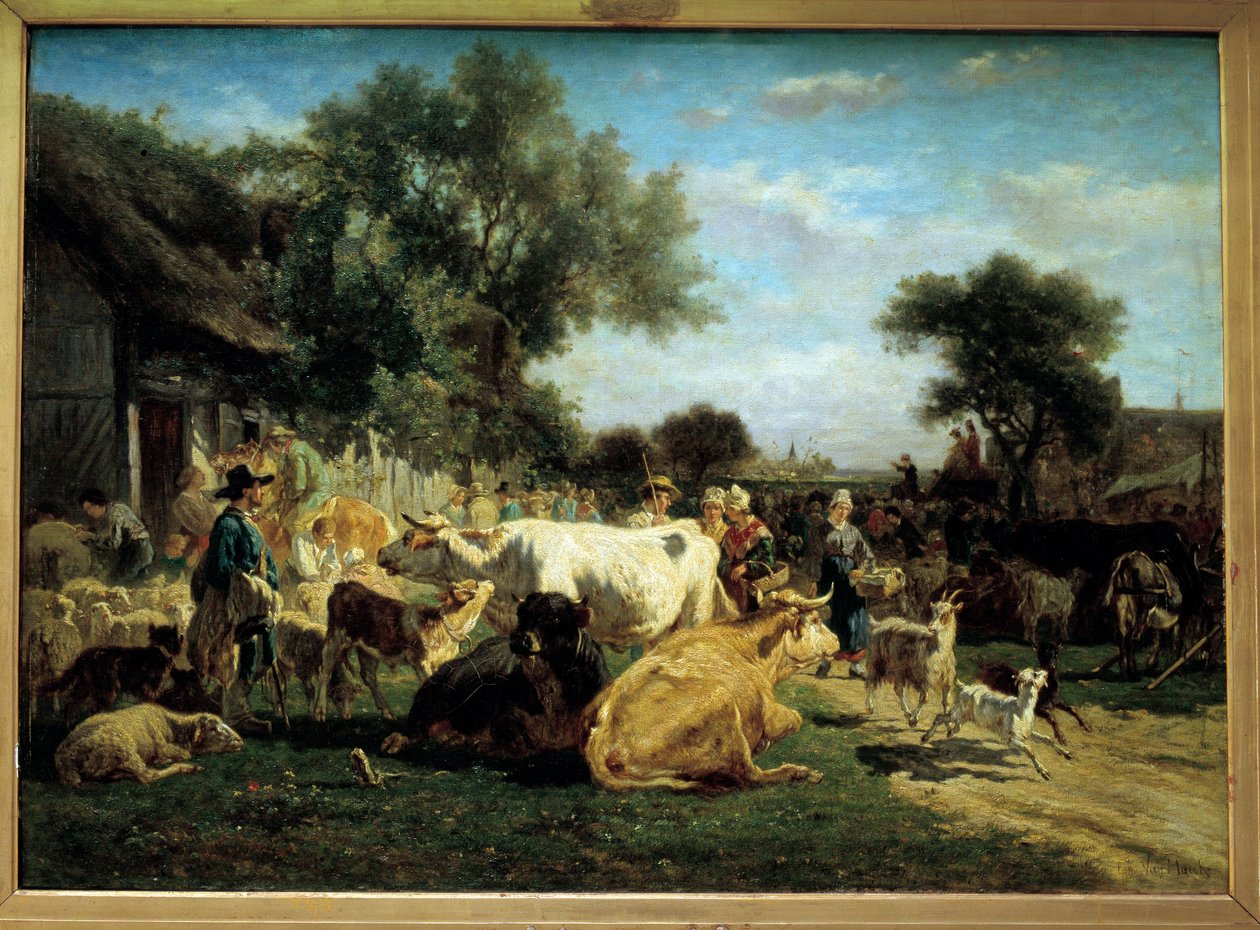 Fiera del villaggio. Dipinto di Emile Van Marck da Emile van Marcke de Lummen