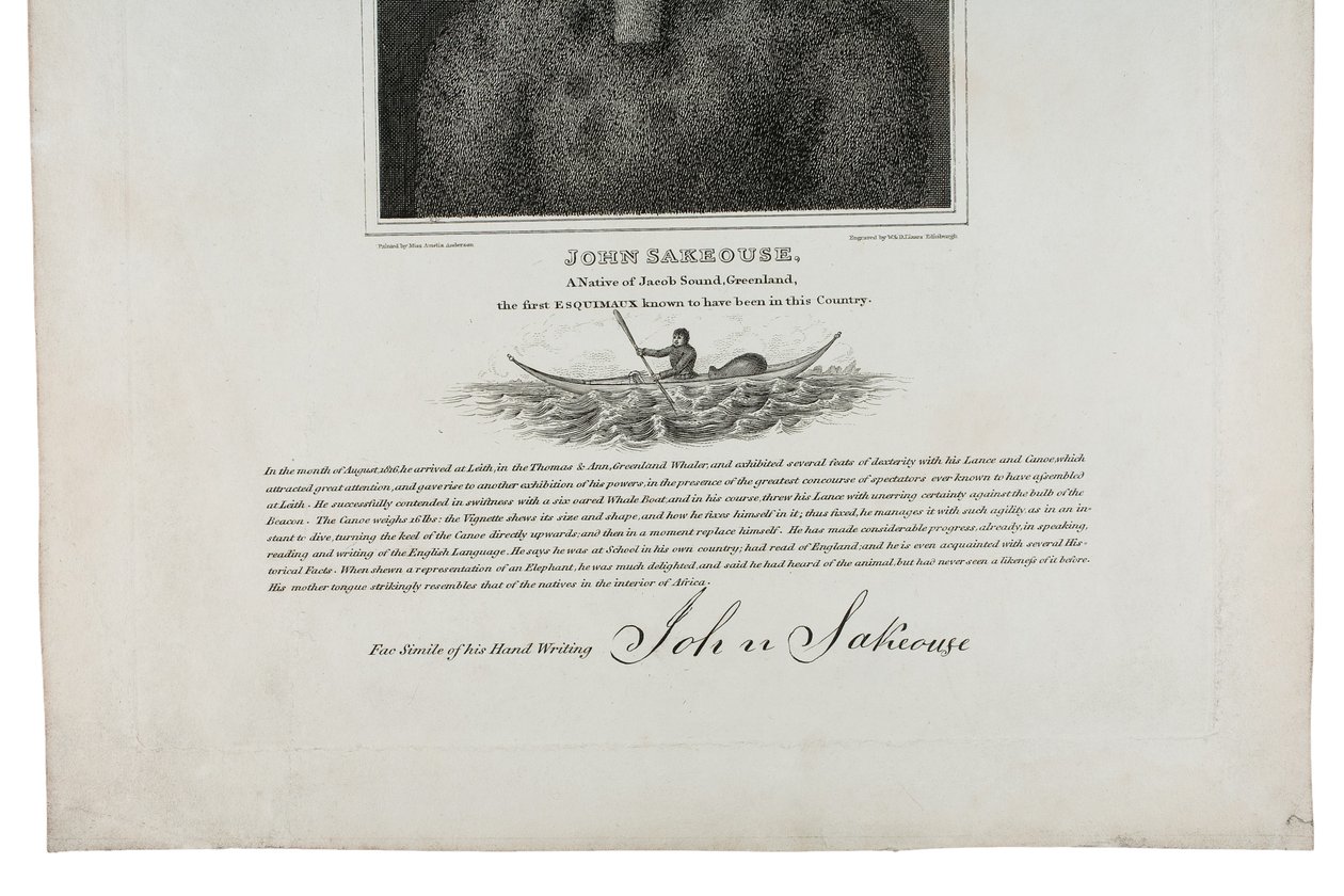 John Sakeouse, un nativo di Jacob Sound, Groenlandia, il primo eschimese noto per essere stato in questo paese, 1816 da Emilia Anderson