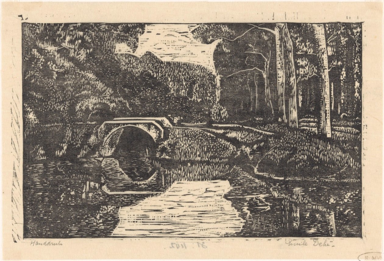 Ponte su un canale in un bosco da Emilius Wilhelmus Dehé (signed by artist)