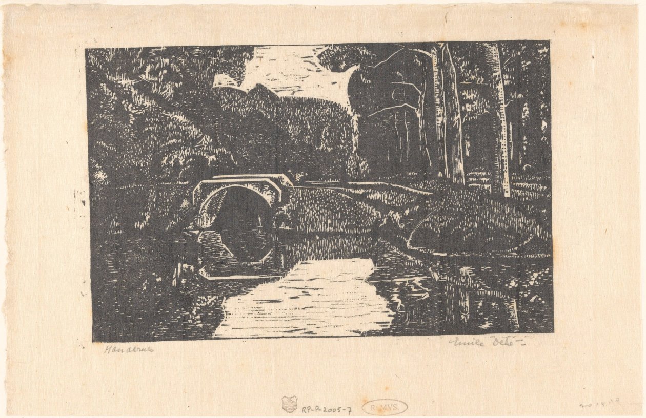 Ponte su un fossato in un bosco da Emilius Wilhelmus Dehé (signed by artist)