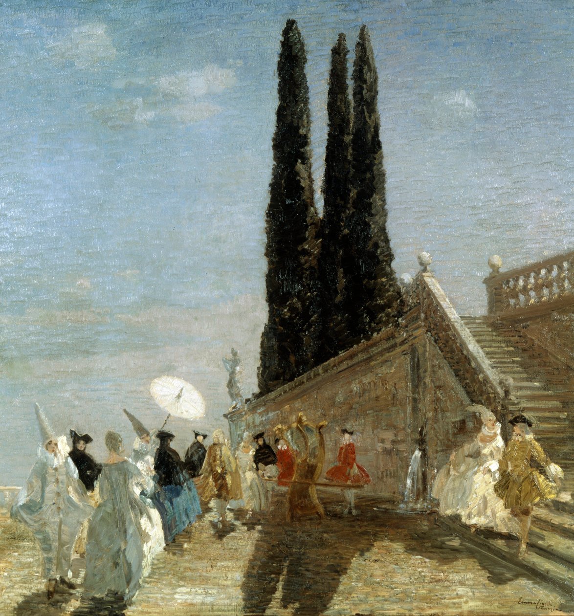 Partenza per la Masquerade. Partenza per la mascherata. Dipinto di Emma Ciardi (1879-1933) Collezione privata da Emma Ciardi