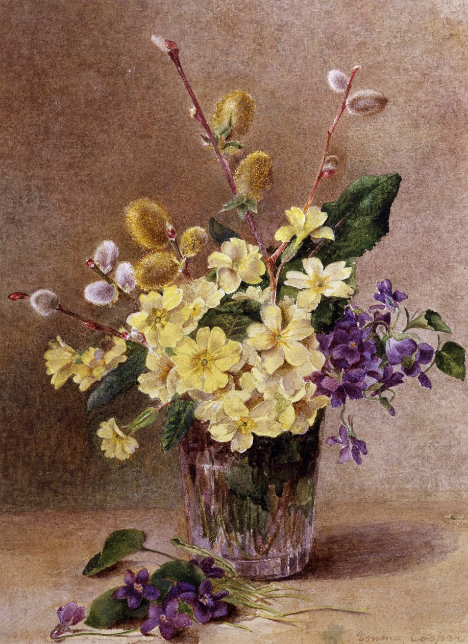 Fiori di primavera (tra cui rami di salice). Dipinto di Emma Cooper (1837-1912) Collezione privata. da Emma Cooper