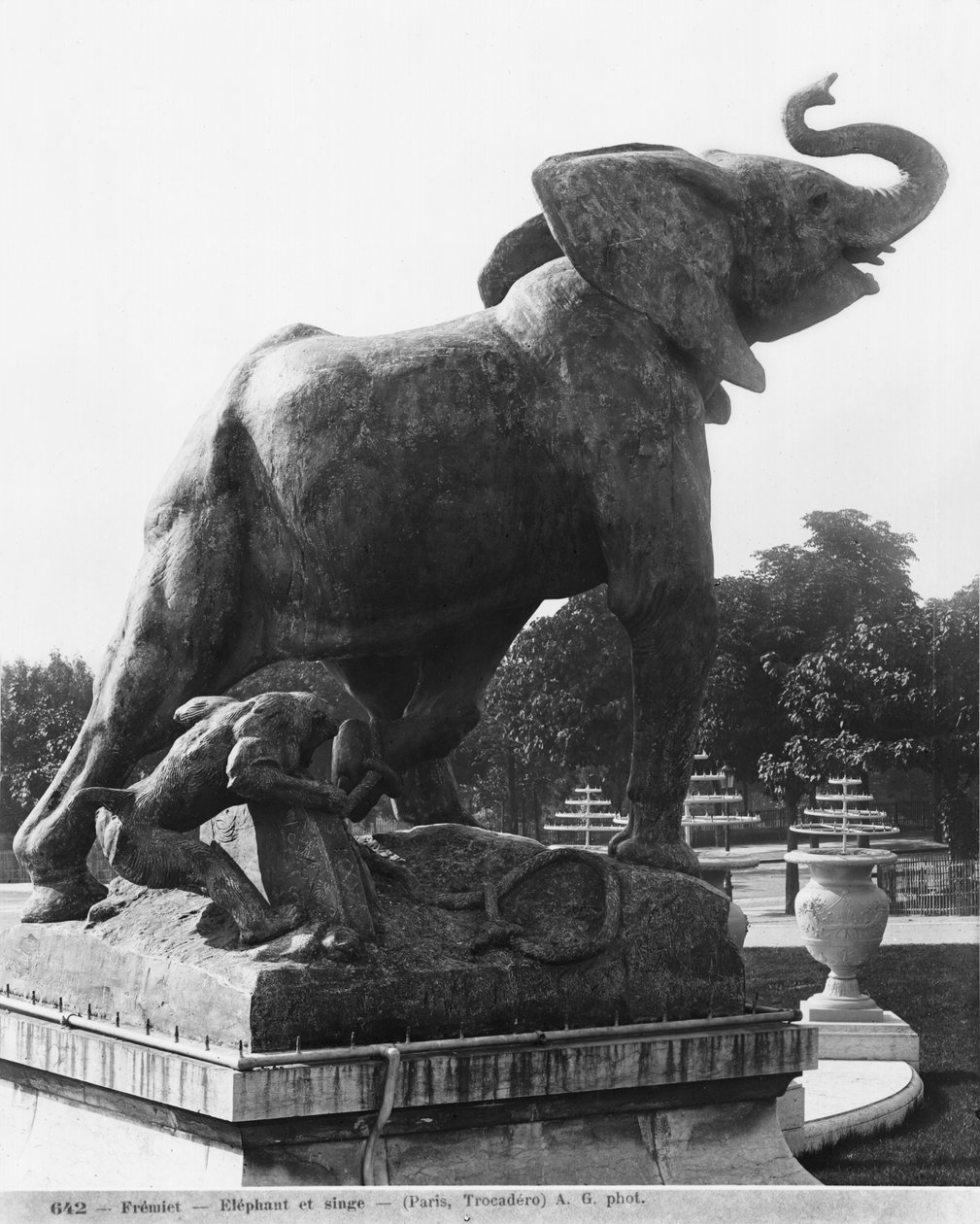 Giovane elefante catturato in una trappola, davanti al primo Palazzo del Trocadero costruito per l