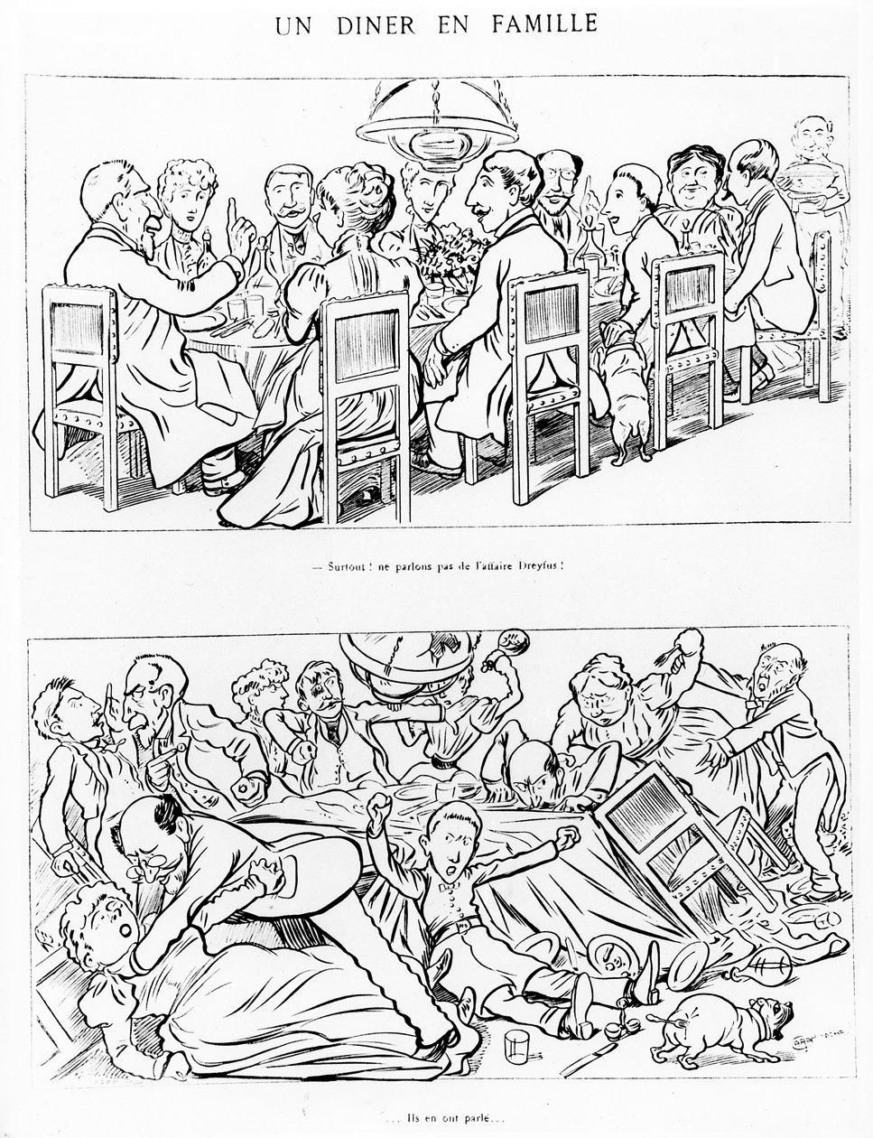 Caricatura di una cena di famiglia prima e dopo aver parlato dell