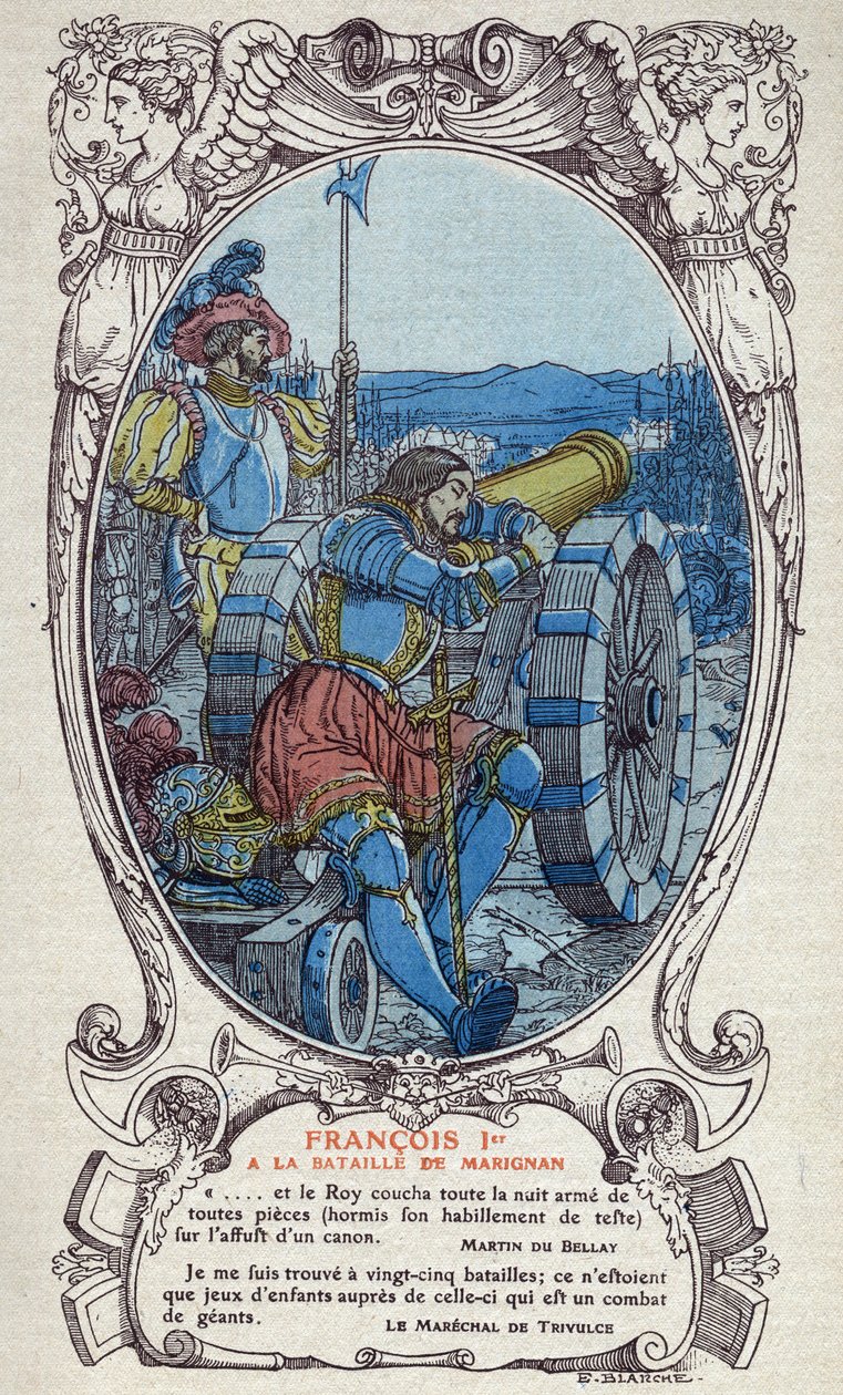 Il re di Francia Francesco I (1494-1547) alla battaglia di Marignano il 13 e 14 settembre 1515. Incisione del 1914 di Emmanuel Blanche (1880-1946). Collezione privata. da Emmanuel Blanche