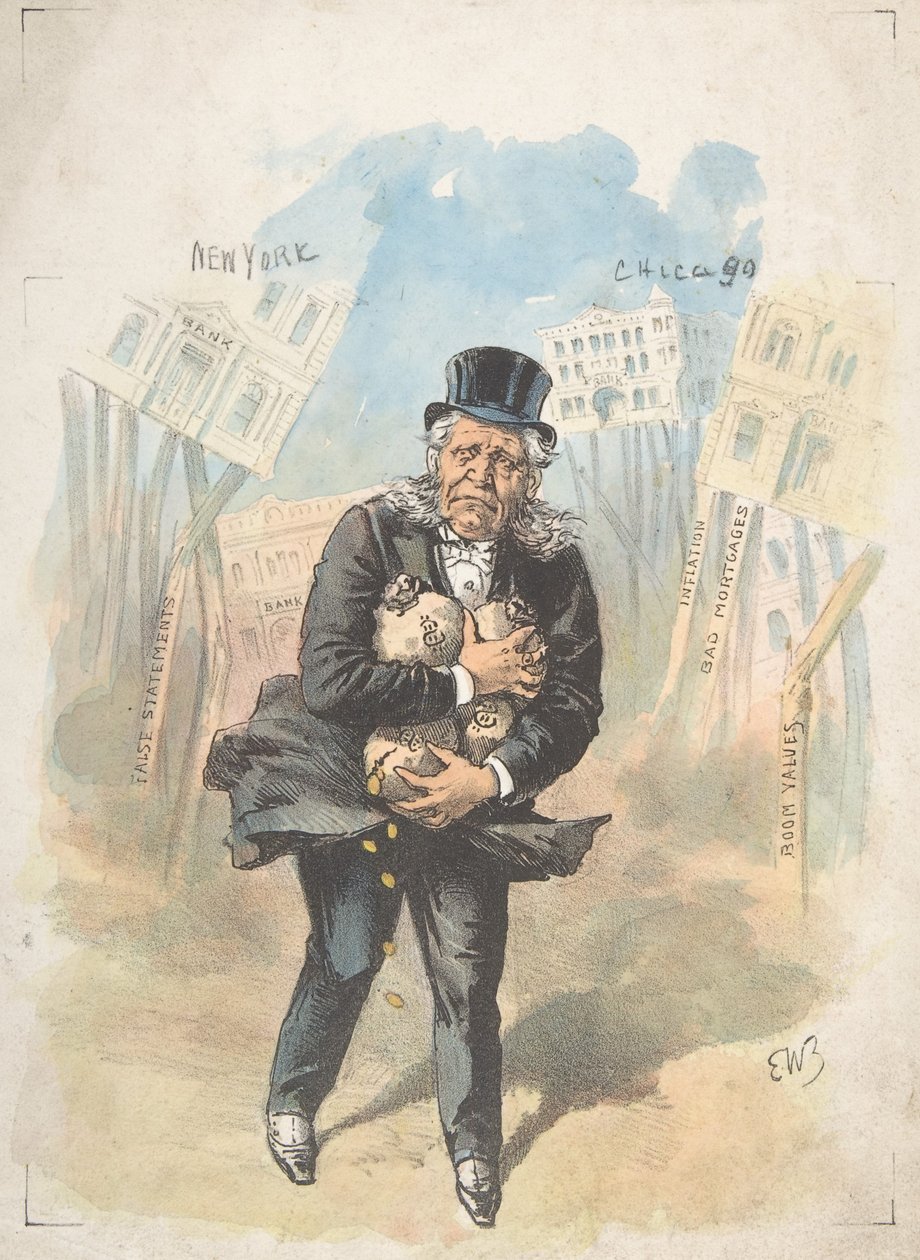 Uomo che stringe sacchi di denaro mentre le banche crollano, fine XIX-inizio XX secolo da Emmanuel Wyttenbach