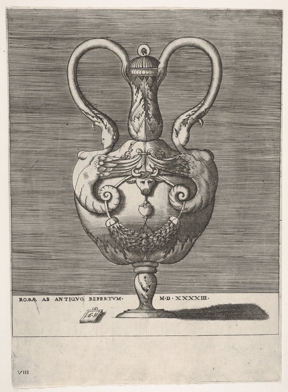 Vaso antico con coperchio e due manici che emergono dalle teste di sfingi femminili ibride..., 1543 o dopo da Enea Vico