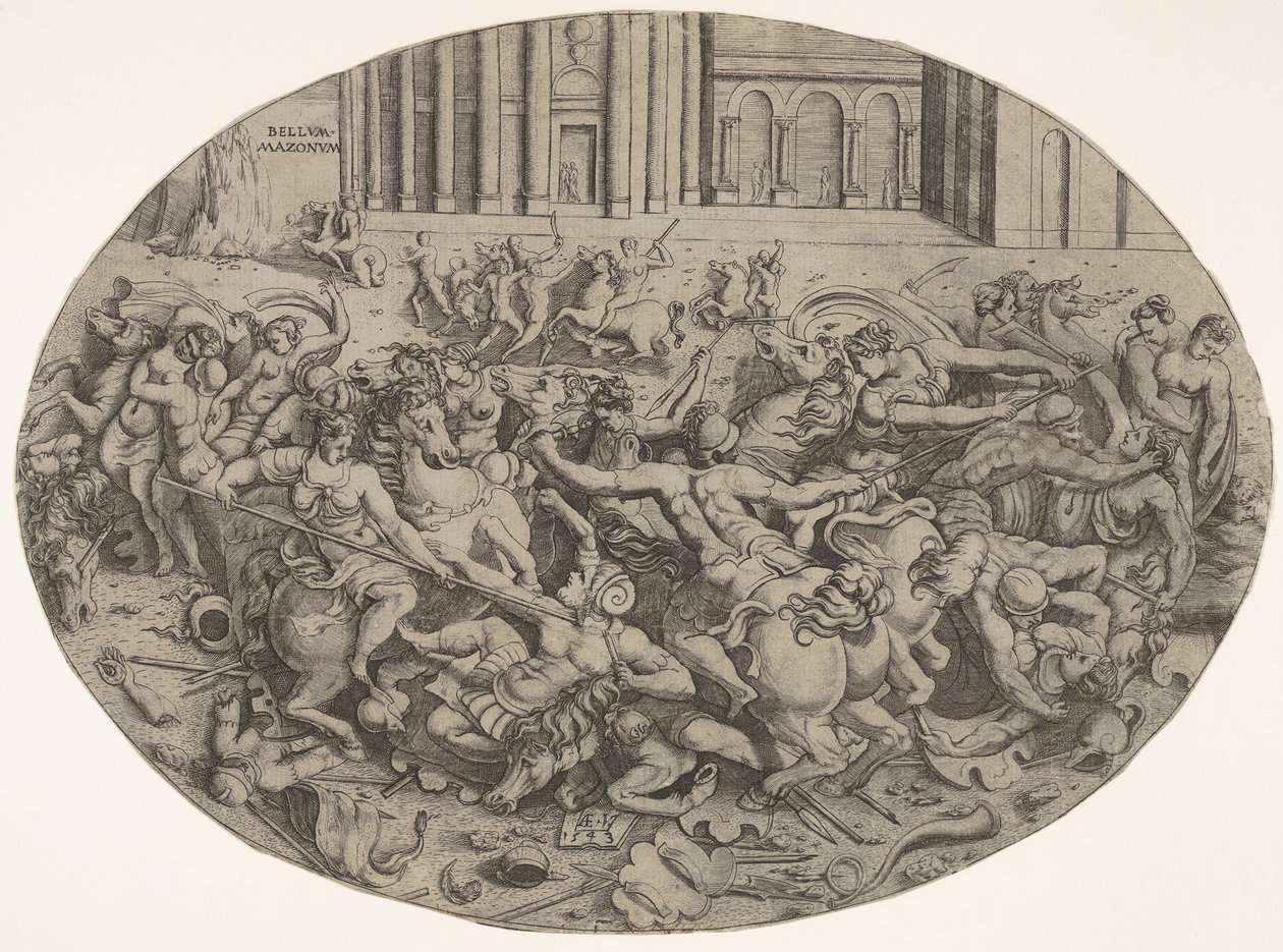 Combattimento tra Amazzoni e uomini davanti ad arcate architettoniche, una composizione ovale, 1543 da Enea Vico