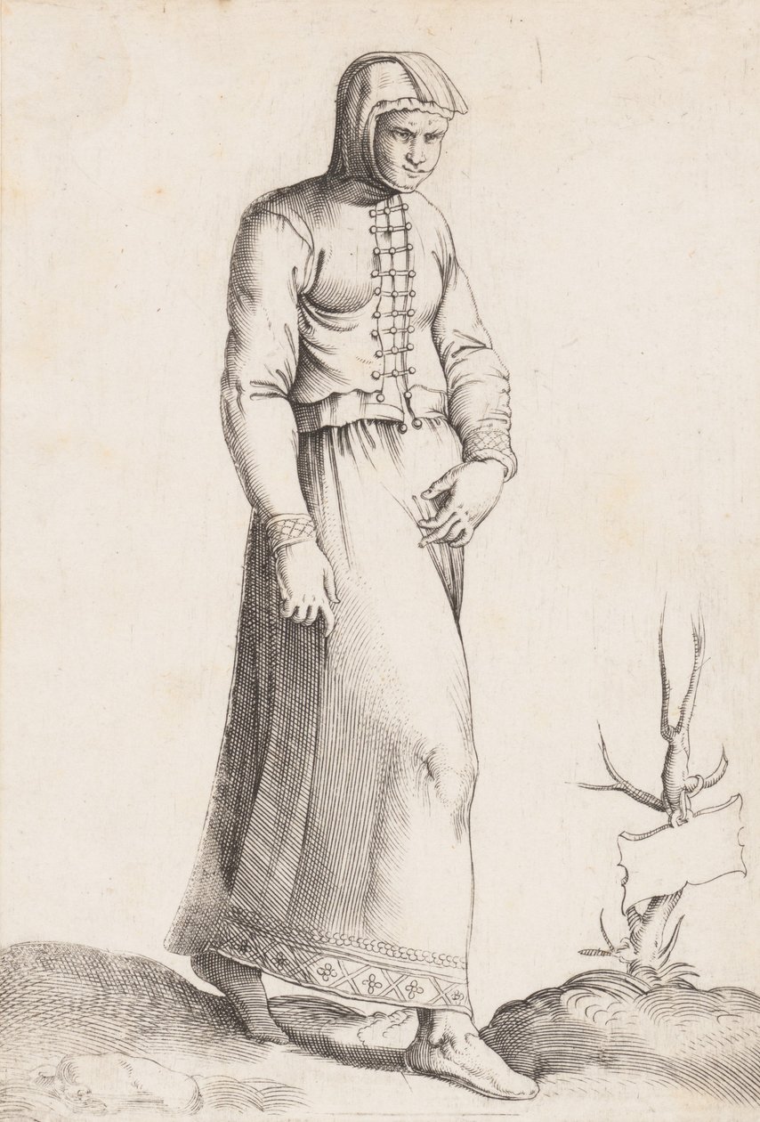 Tavola di costume: Donna con indumento con cappuccio da Enea Vico