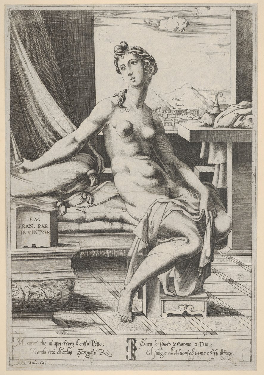 Lucrezia nuda e seduta davanti a una finestra, un pugnale nella mano destra e tenendo, ca. 1535-67 da Enea Vico