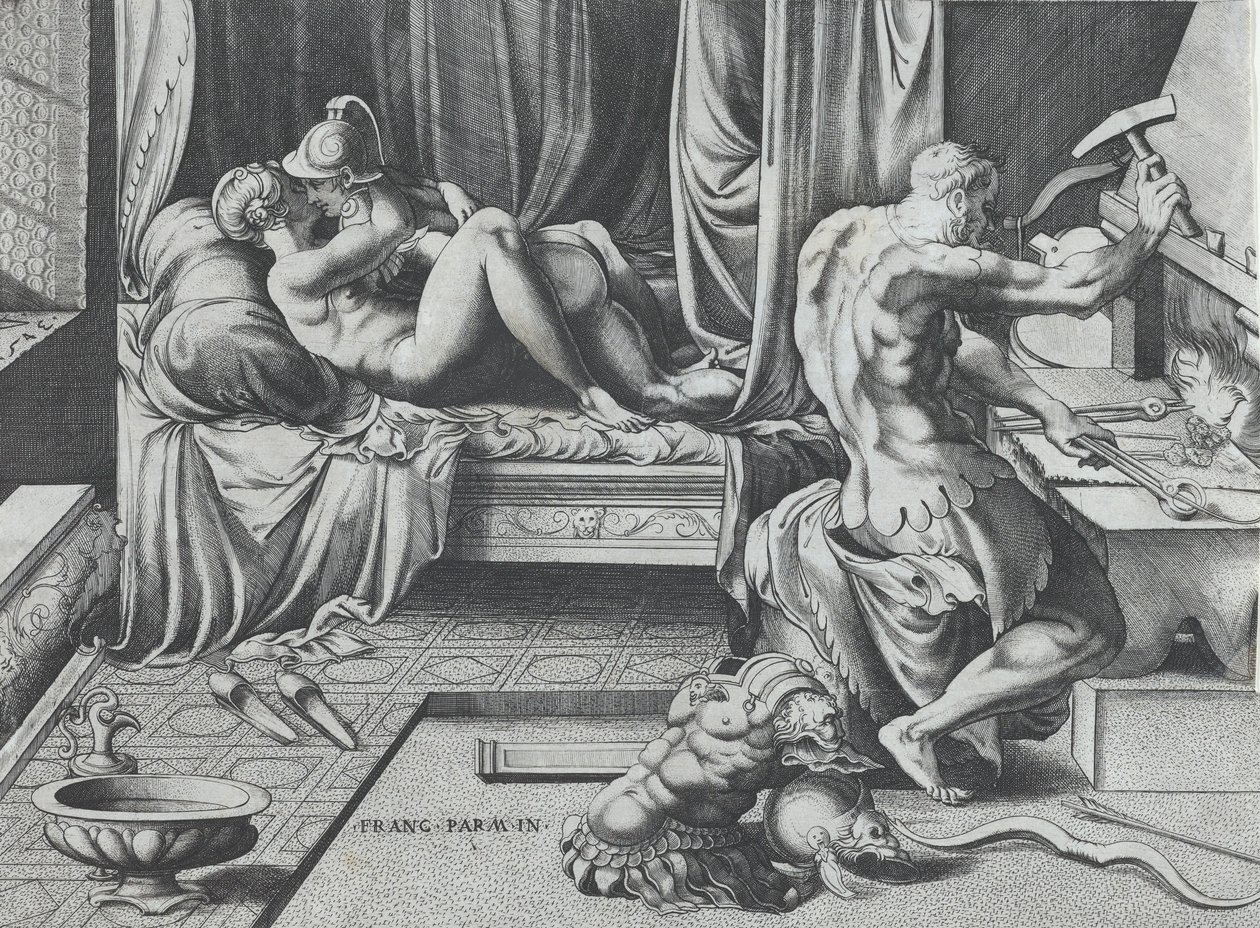 Venere e Marte che si abbracciano mentre Vulcano lavora alla sua fucina da Enea Vico