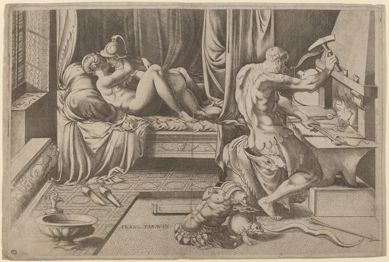 Venere e Marte che si abbracciano con Vulcano alla sua fucina da Enea Vico after Parmigianino