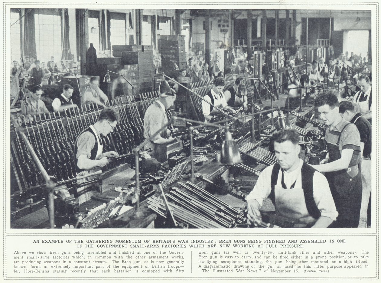 Fucili Bren in fase di completamento e assemblaggio in una delle fabbriche di armi leggere del governo, da The Illustrated War News, pubblicato il 22 novembre 1939 da English Photographer
