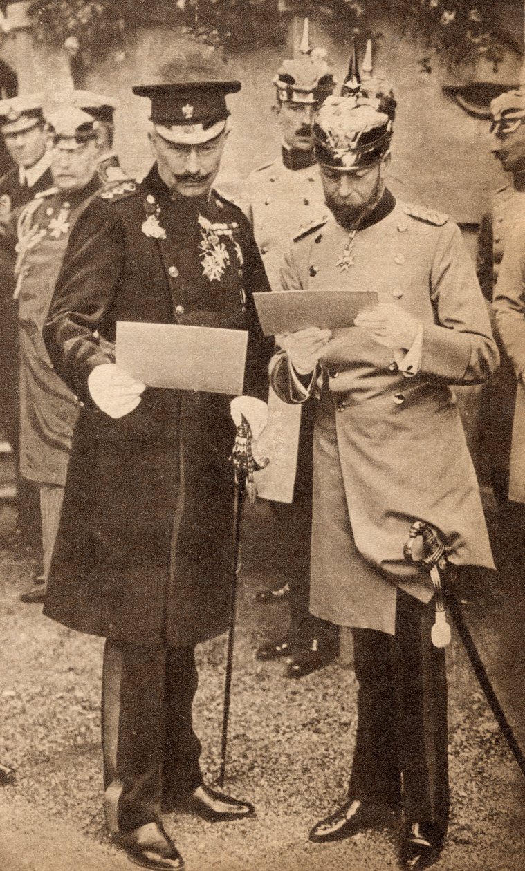 Re Giorgio V e il Kaiser Guglielmo II discutono gli ordini operativi in Germania nel 1913, illustrazione da 