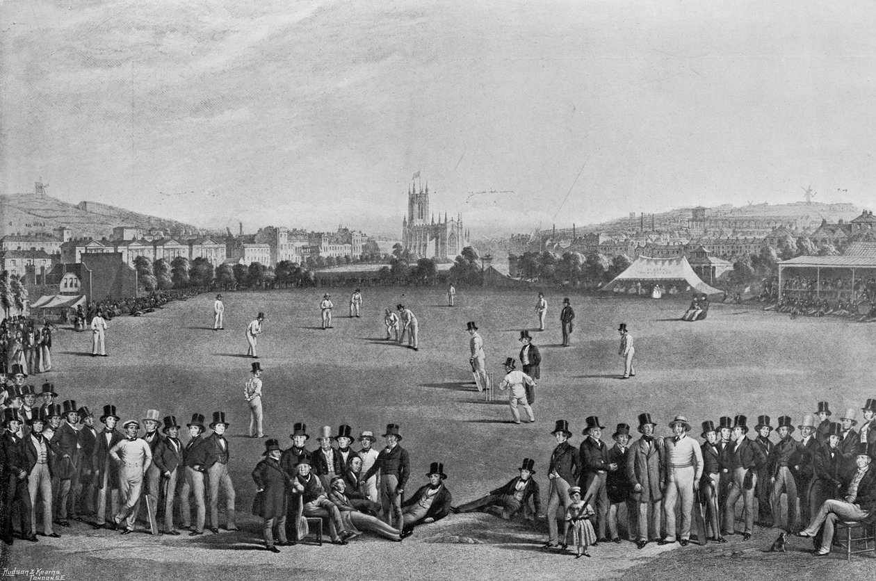 La partita di cricket tra Sussex e Kent a Brighton, da una stampa originariamente pubblicata nel 1849, da Famous Cricketers and Cricket Grounds, pubblicato da Hudson e Kearns, 1895 da English Photographer