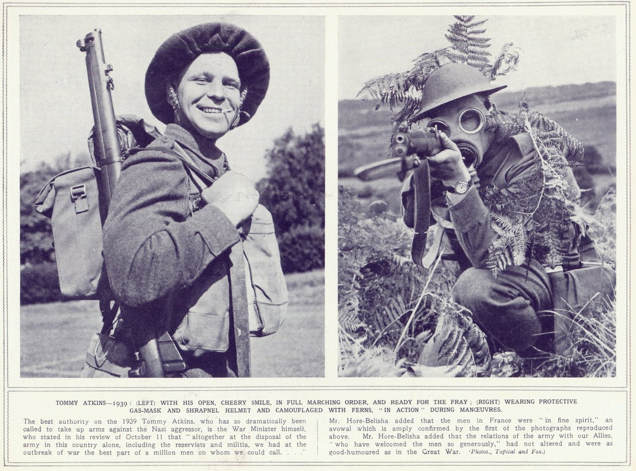 Tommy Atkins, con sorriso allegro e in pieno ordine di marcia e con maschera antigas protettiva e mimetizzazione, pronto per la battaglia, da The Illustrated War News, pubblicato l