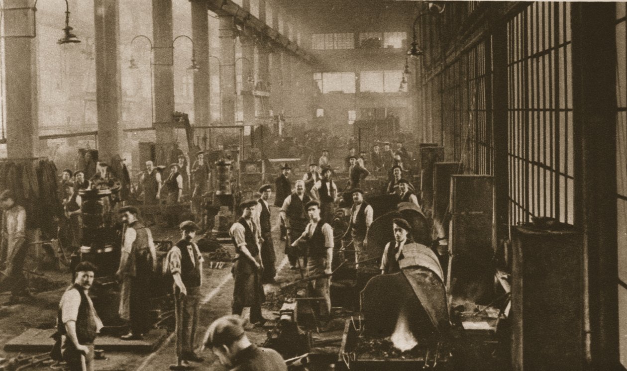 Lavoratori nella bottega del fabbro presso Beckton Gas Works, da Wonderful London, pubblicato 1926-27 da English Photographer