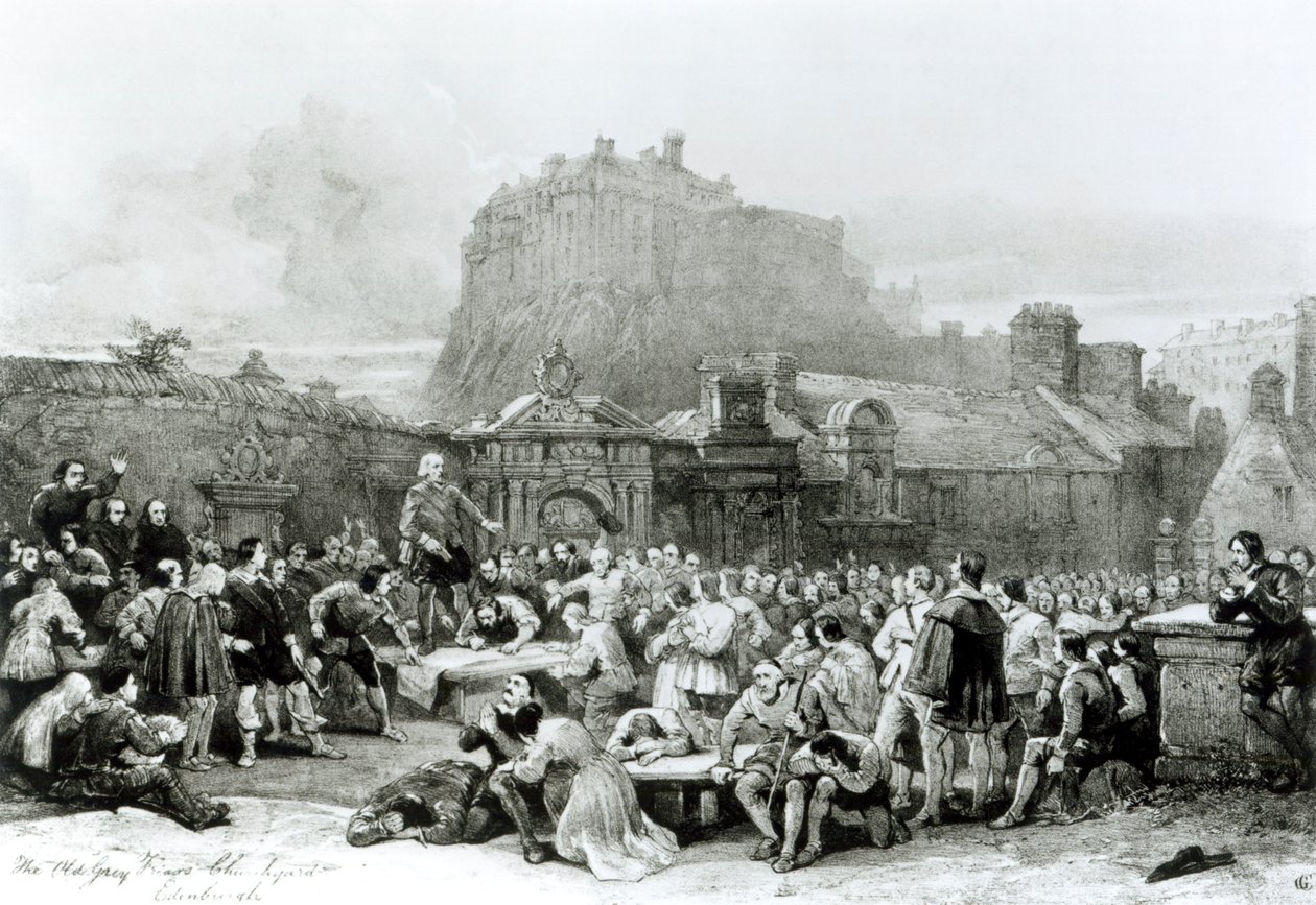 Una folla in fila per firmare il Patto Nazionale davanti al cimitero di Grey Friar, Edimburgo nel 1638 da English School