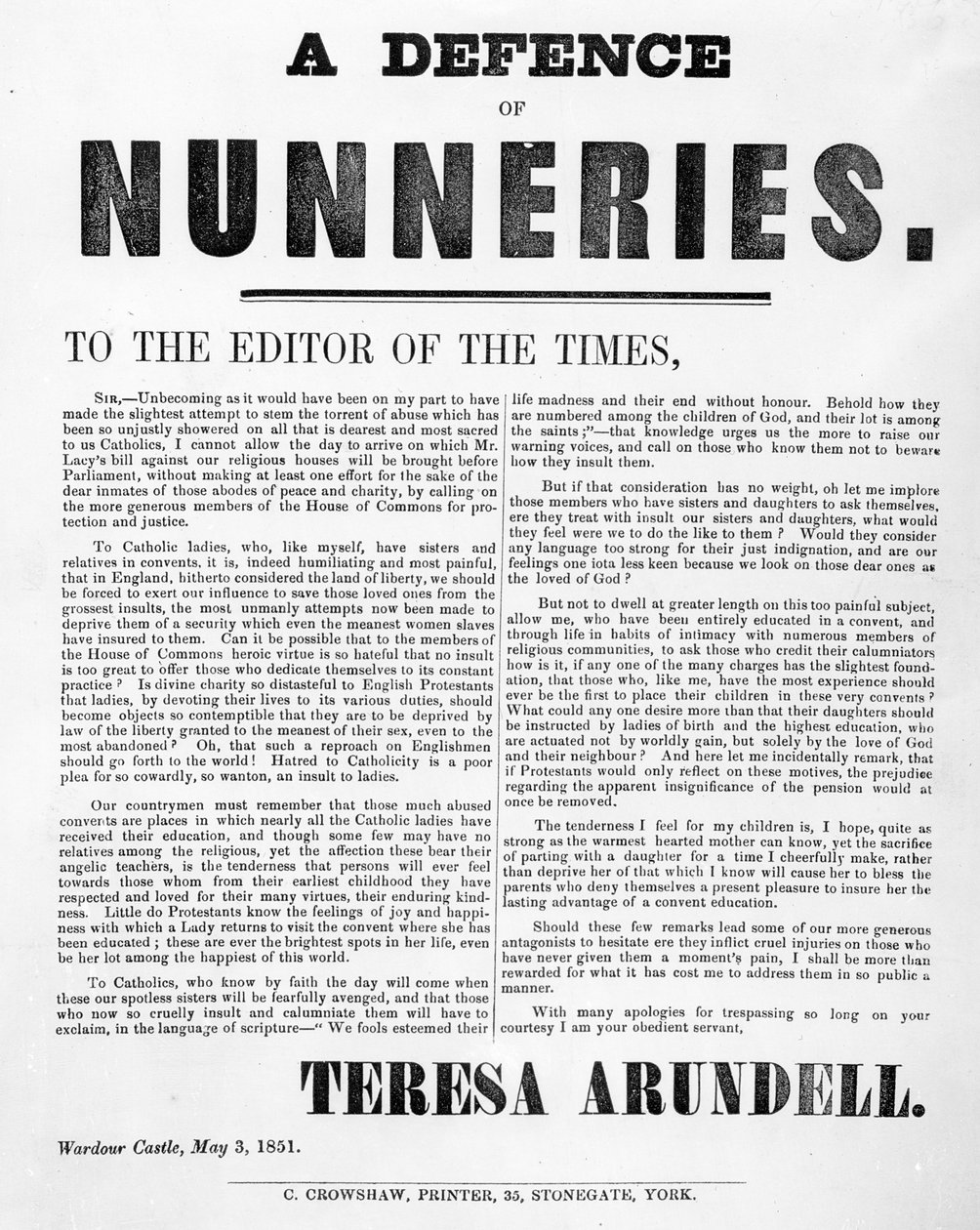 Una difesa dei conventi di Theresa Arundell da English School