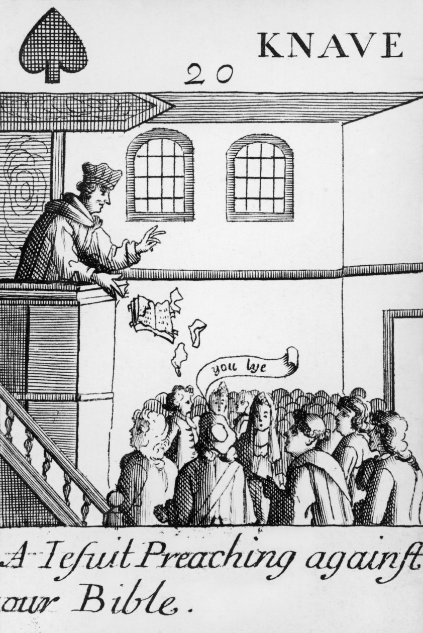 Un gesuita che predica contro la nostra Bibbia, Jack di picche, da un mazzo di carte da gioco, 1679 da English School
