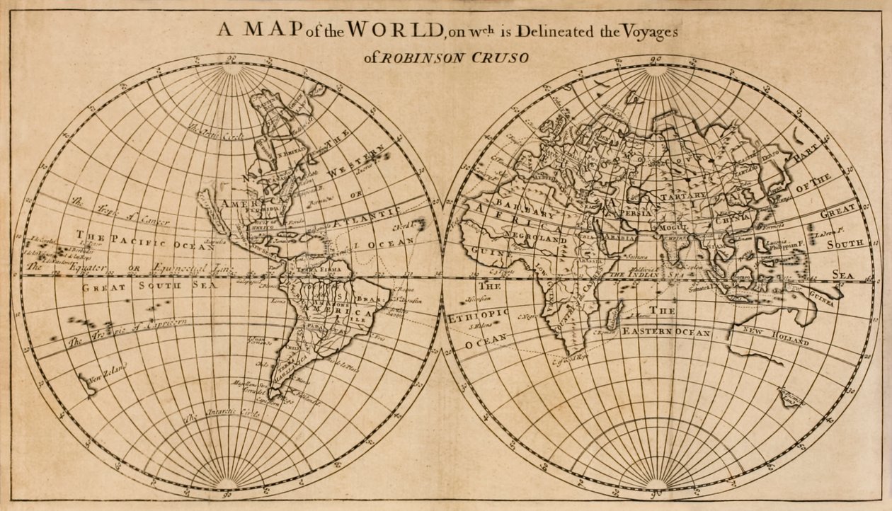 Mappa del mondo su cui è delineato il viaggio di Robinson Crusoe, frontespizio pieghevole da Le ulteriori avventure di Robinson Crusoe da English School