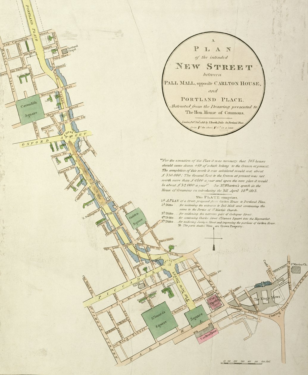 Piano della nuova strada prevista tra Pall Mall, di fronte a Carlton House, e Portland Place, progettata da John Nash, pub. da J. Booth, 1818 da English School