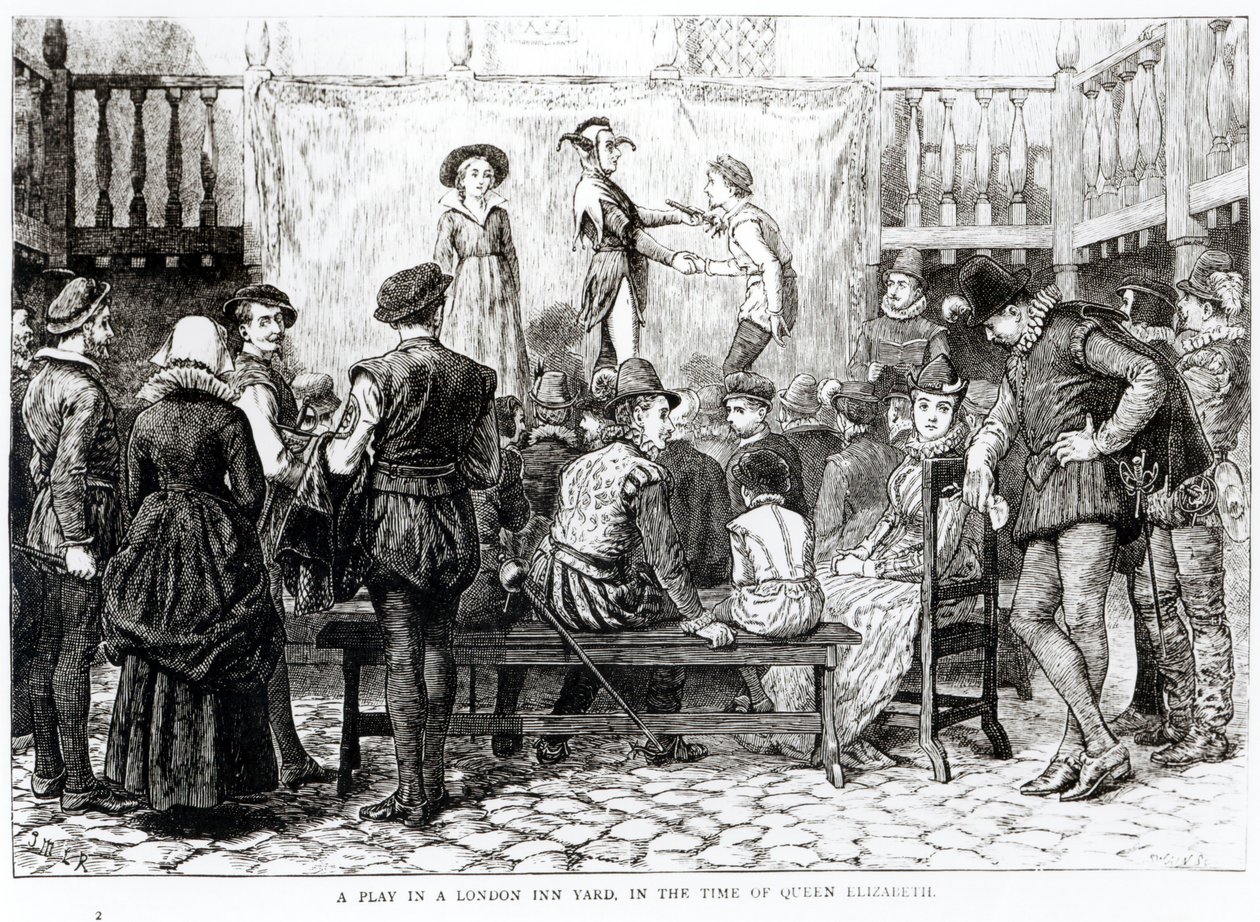 Una rappresentazione in un cortile di una locanda di Londra ai tempi della regina Elisabetta, inciso da Joseph Swain da English School