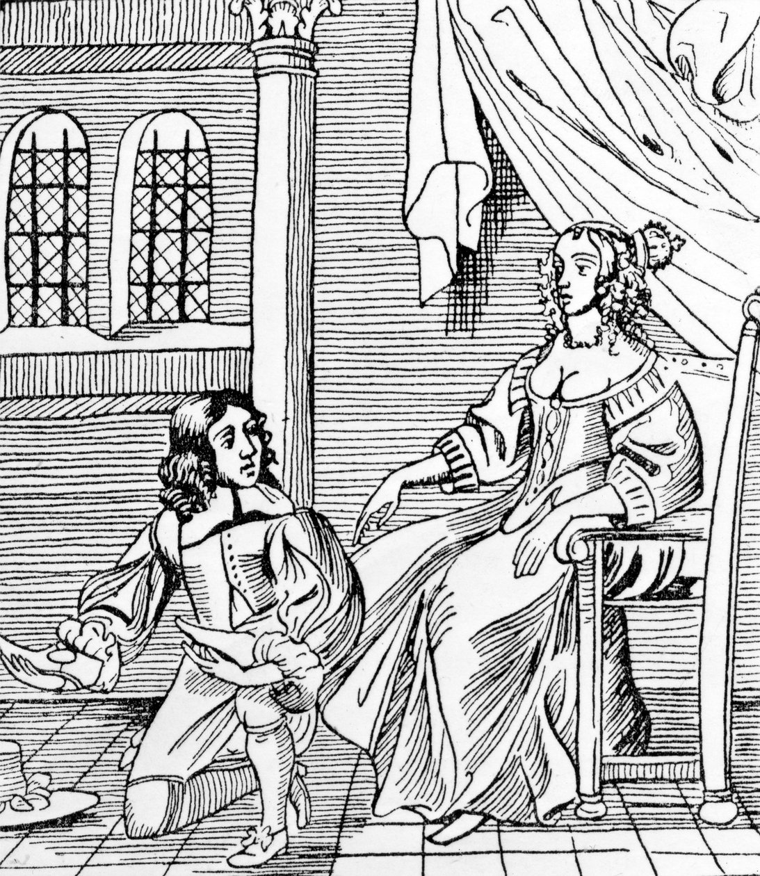 Un calzolaio del XVII secolo che adatta un cliente distinto, illustrazione da 